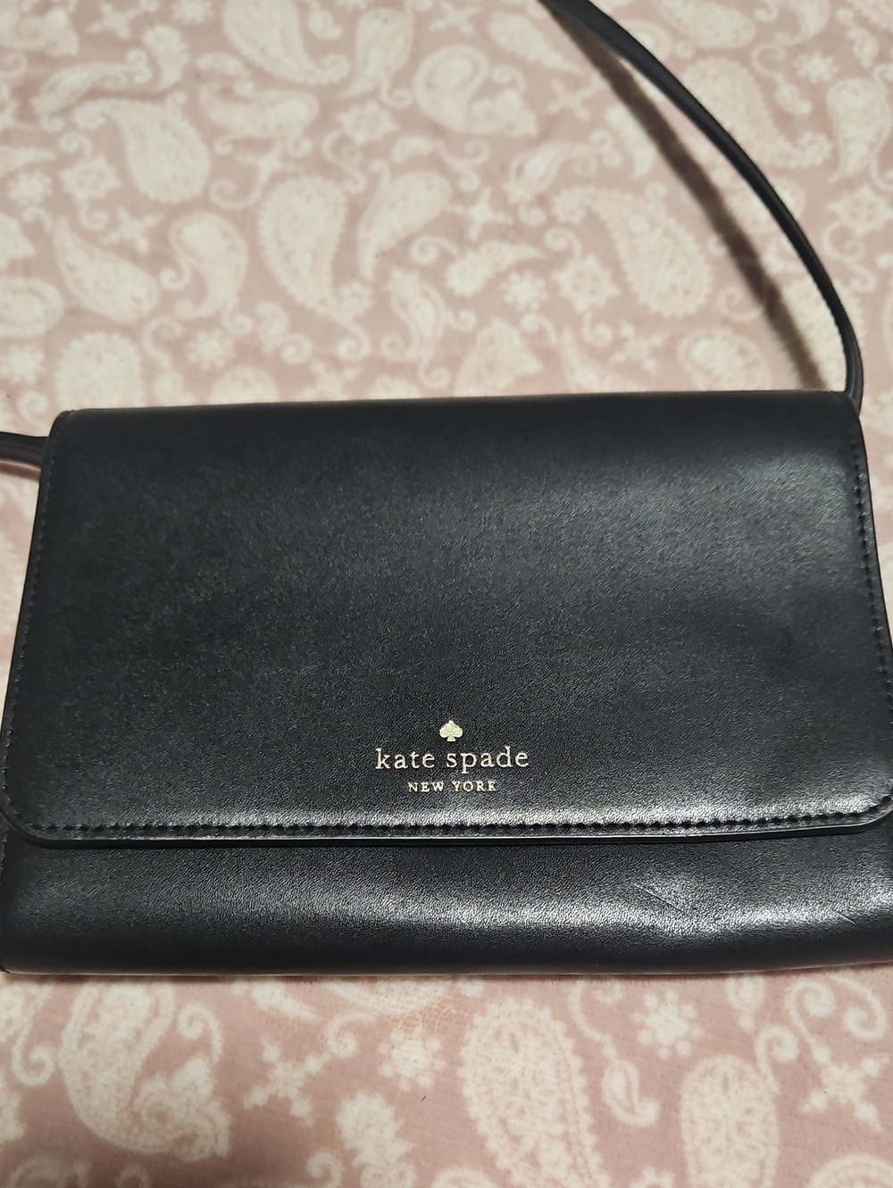 kate spade black leather flap crossbody with gold logo